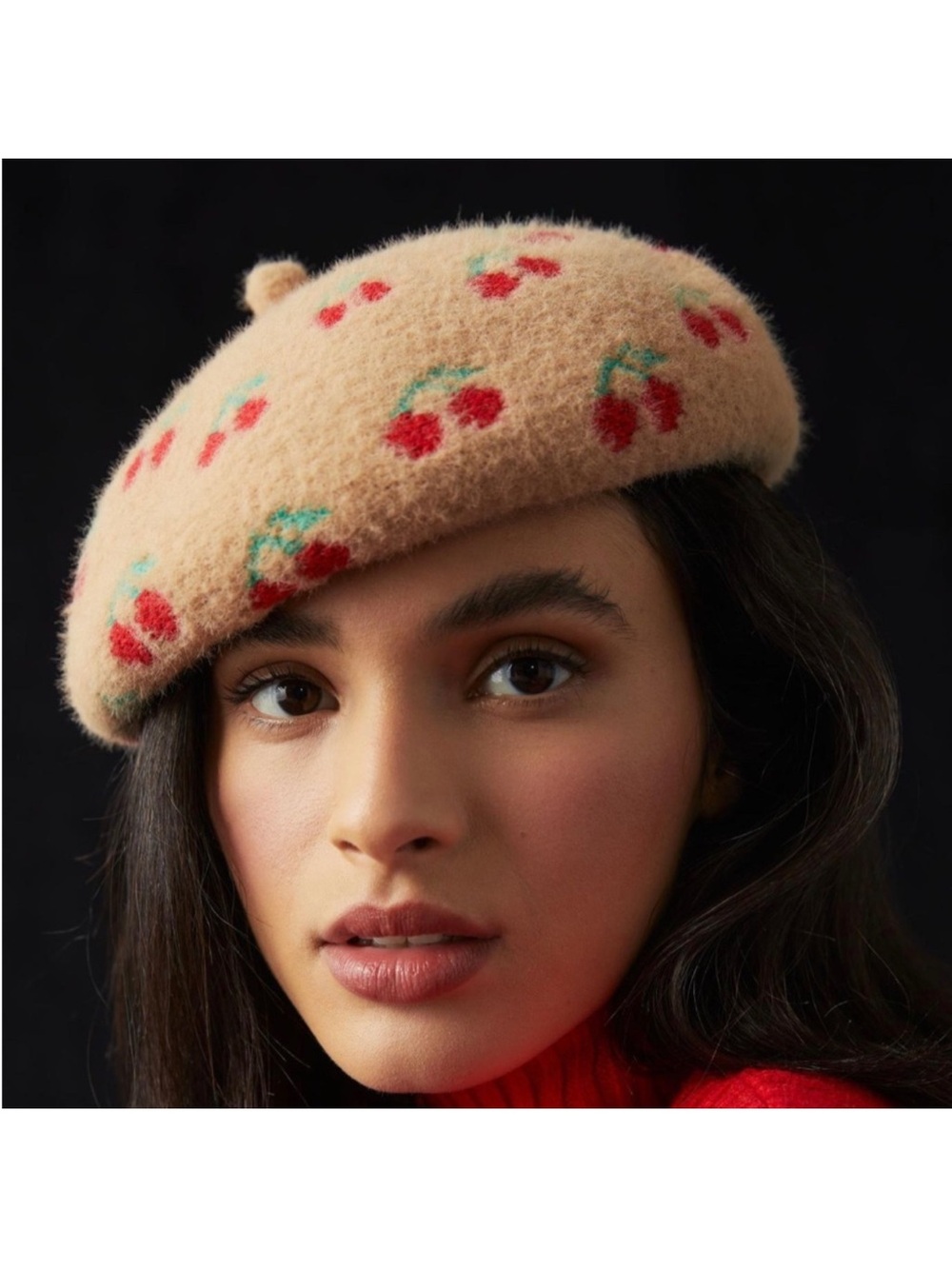 Anthropologie Tan Beret with Red Cherry Motif
